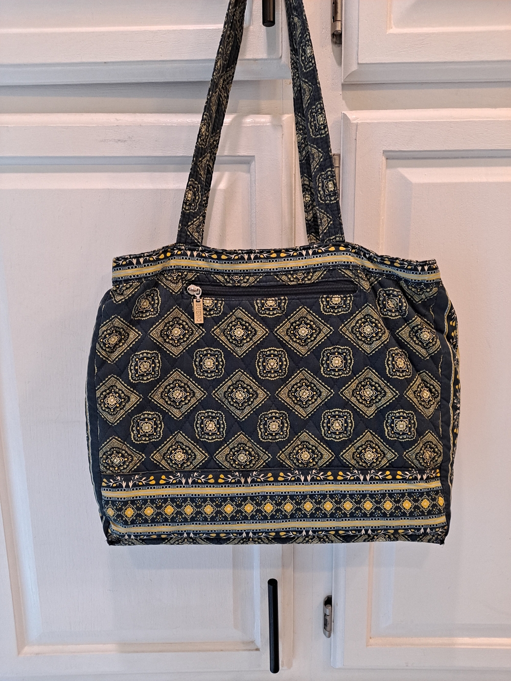 Bueno Collection Floral Patterned Cotton Quilted Tote Bag Navy Yellow Everyday